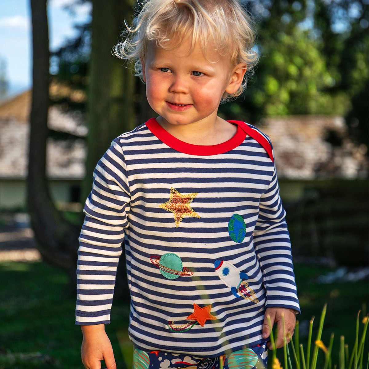 Organic Cotton Navy Stripe Long Sleeve T-Shirt - Space Appliqué