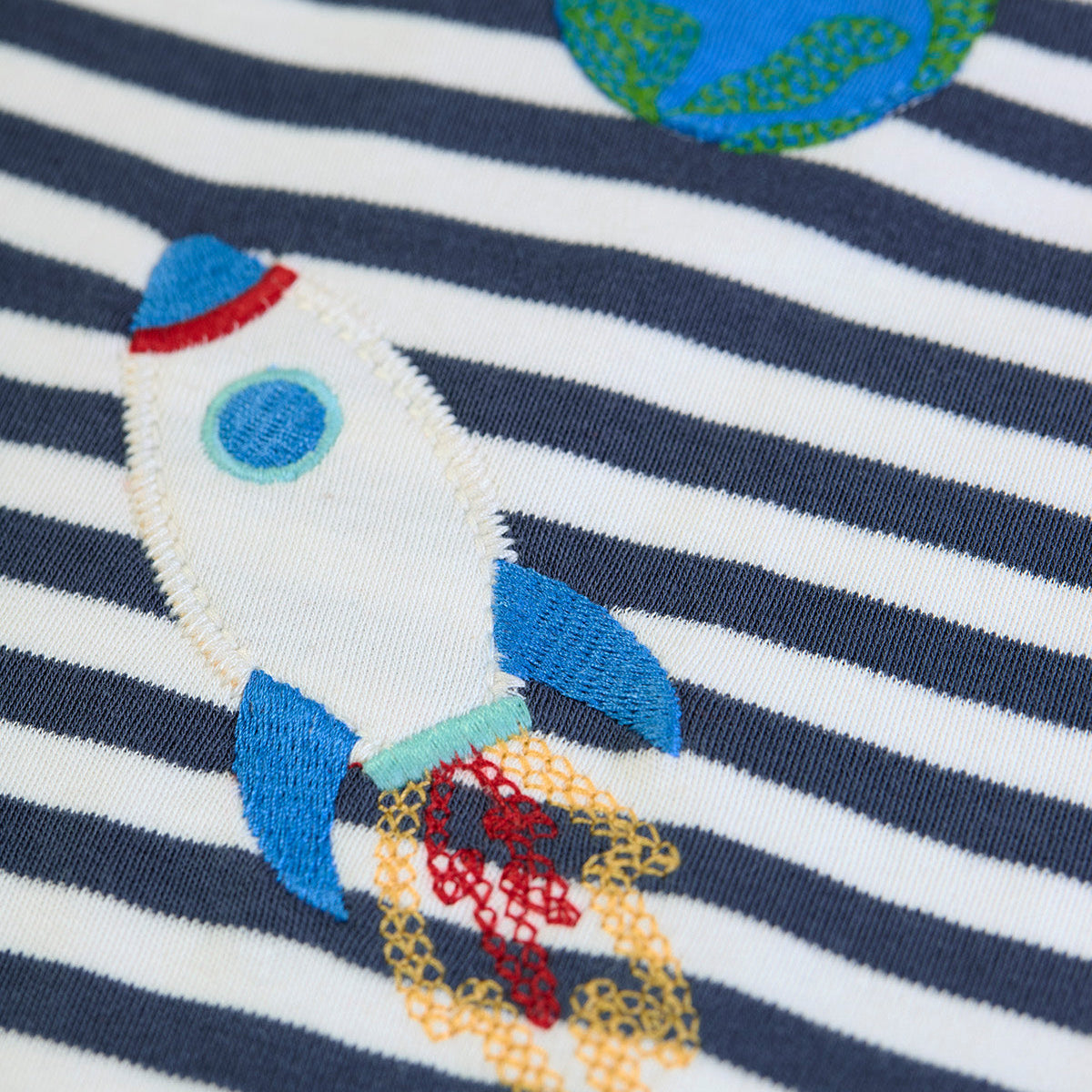 Organic Cotton Navy Stripe Long Sleeve T-Shirt - Space Appliqué