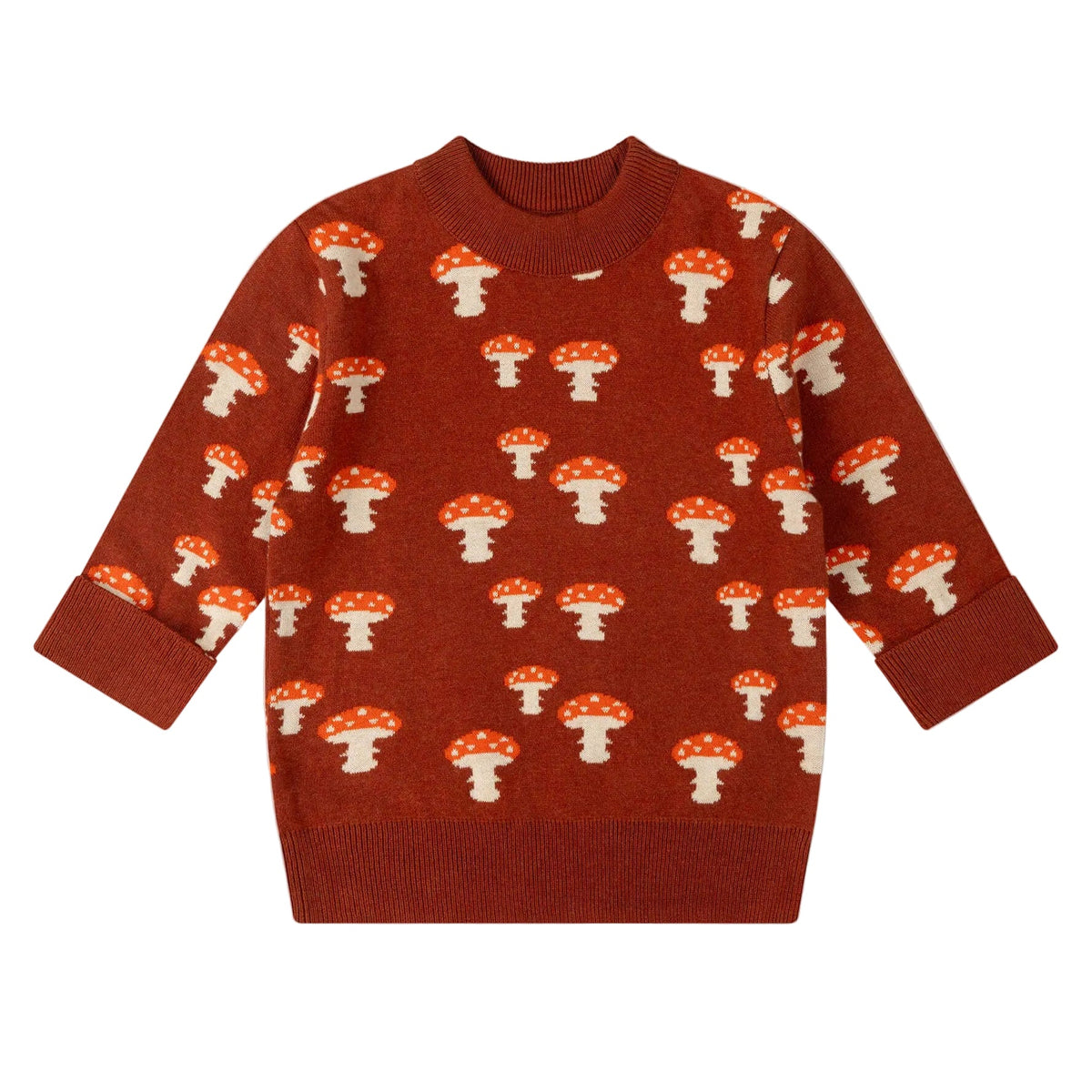 Organic Cotton Knitted Sweater - Rust, Mushrooms