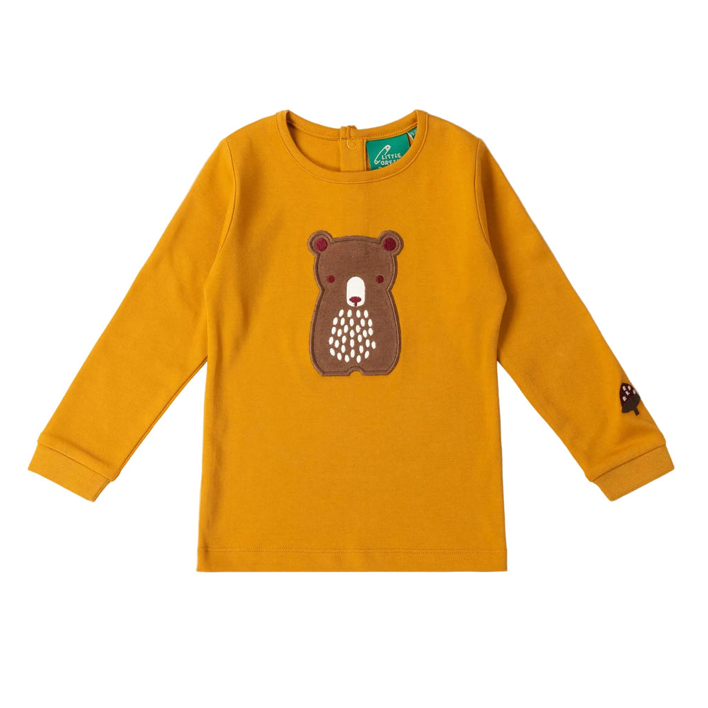 Organic Cotton Long Sleeve T-Shirt - Gold, Brown Bear Appliqué
