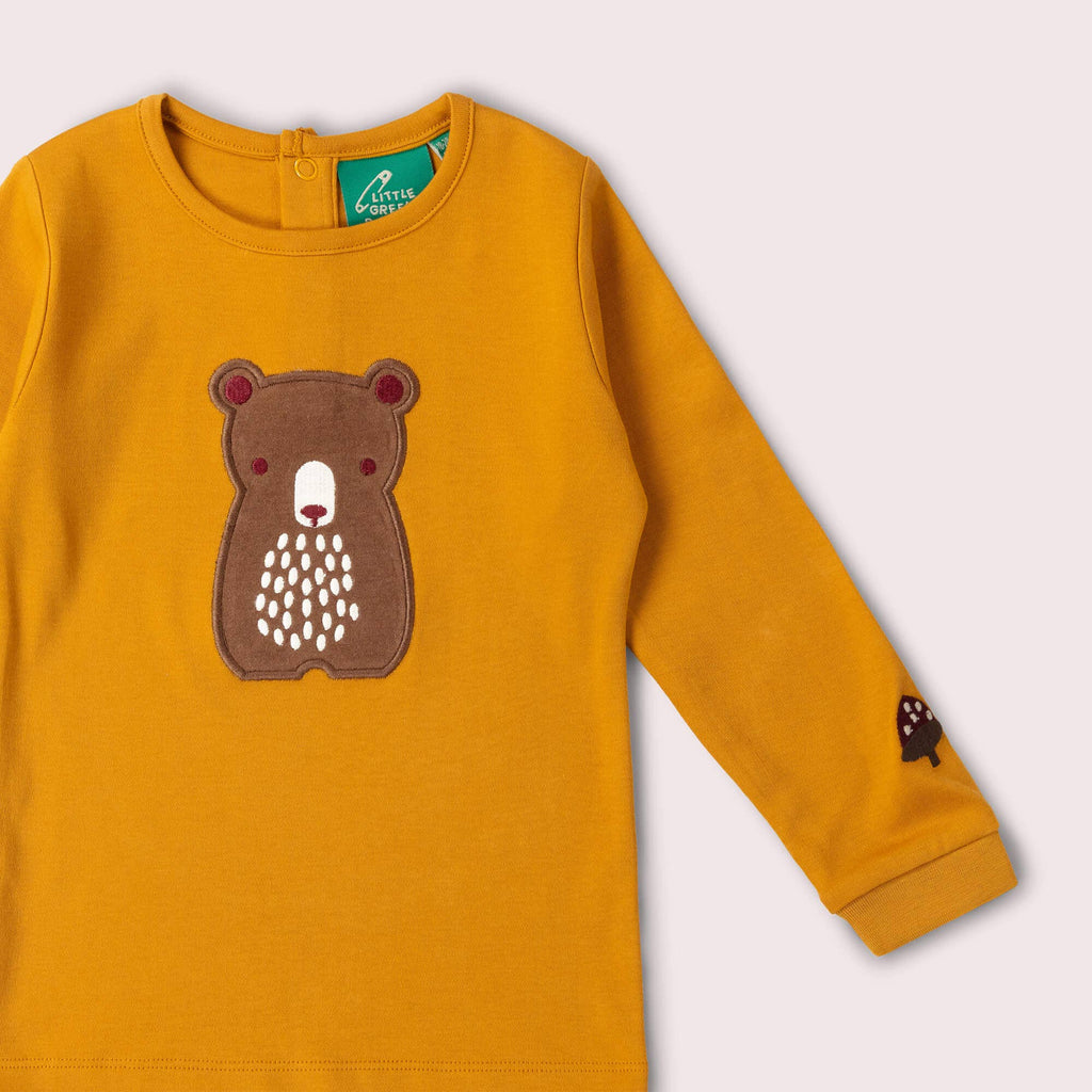 Organic Cotton Long Sleeve T-Shirt - Gold, Brown Bear Appliqué