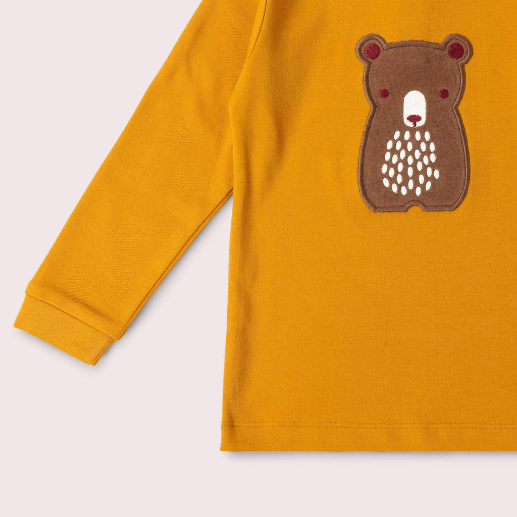 Organic Cotton Long Sleeve T-Shirt - Gold, Brown Bear Appliqué