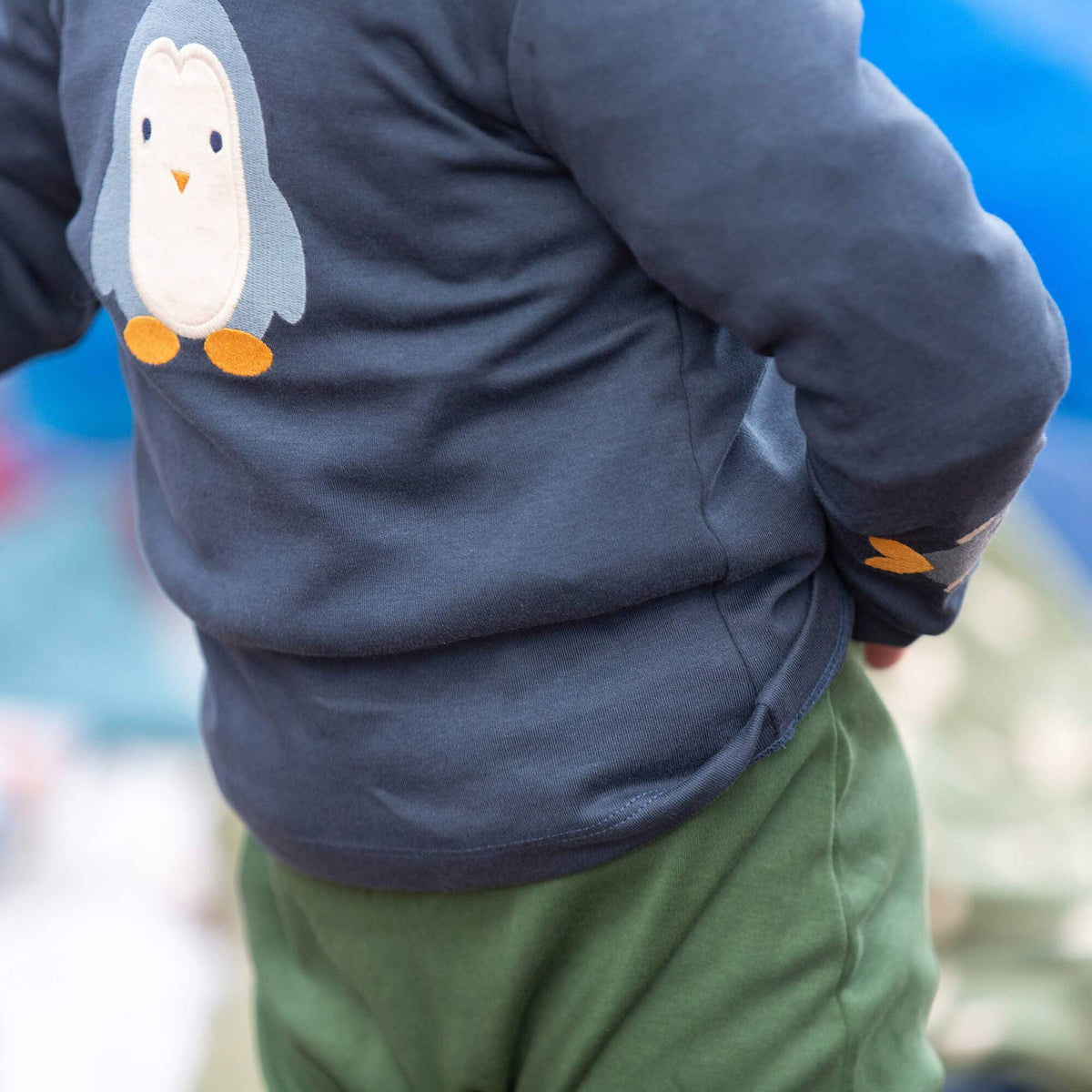 Organic Cotton Long Sleeve T-Shirt - Blue, Penguin Appliqué